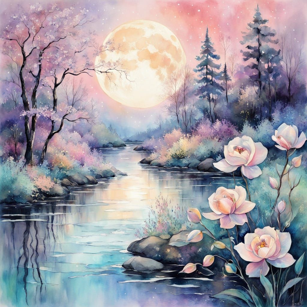 Dreamy Whimsical Spring Landscape under a Full Moon
