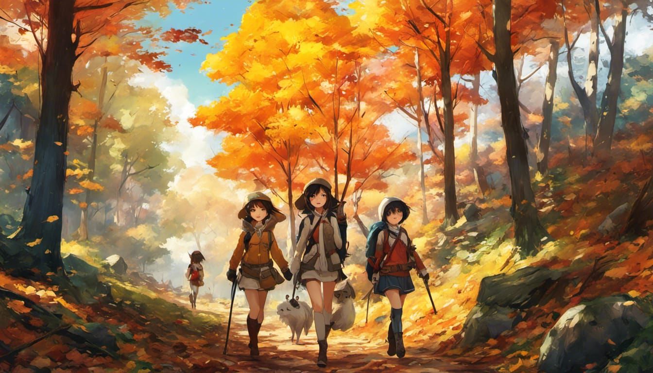 Anime Girls Explore Blended Autumn Spring Forest