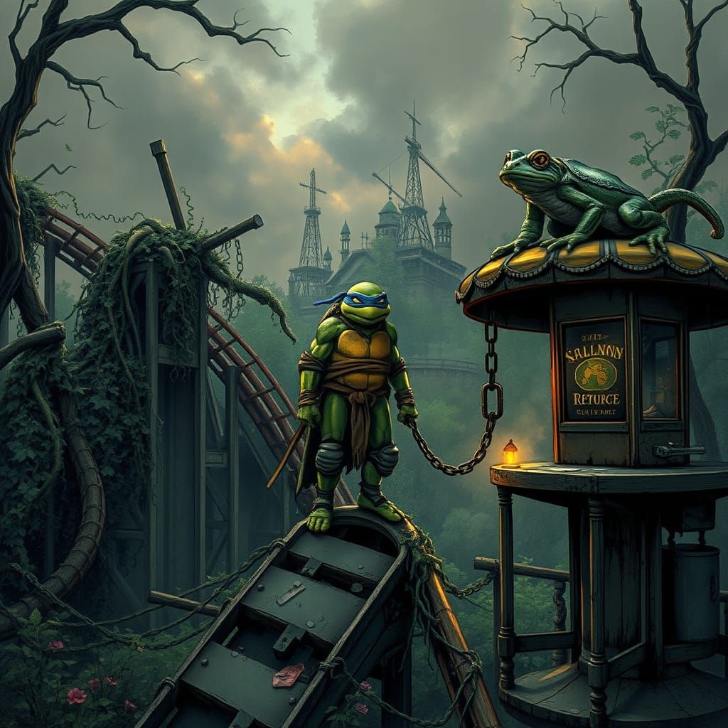 Eerie Ninja Turtle Amidst Abandoned Amusement Park Ruins in ...