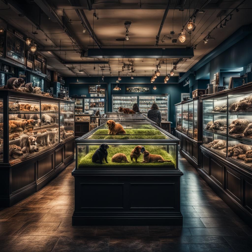 Hyperrealistic Floating Pet Shop in Cinematic Style