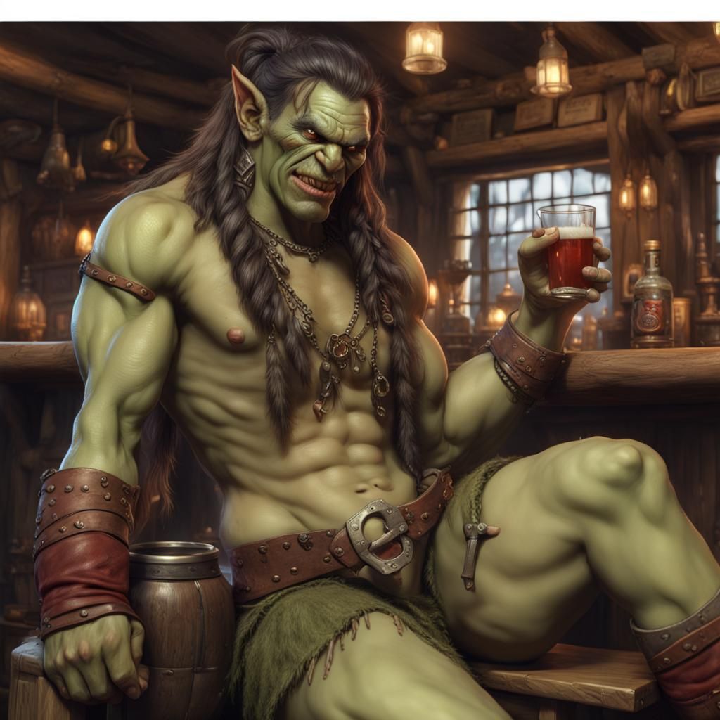 Flirty Orc Barbarian Winks in Hyperrealistic Tavern Scene