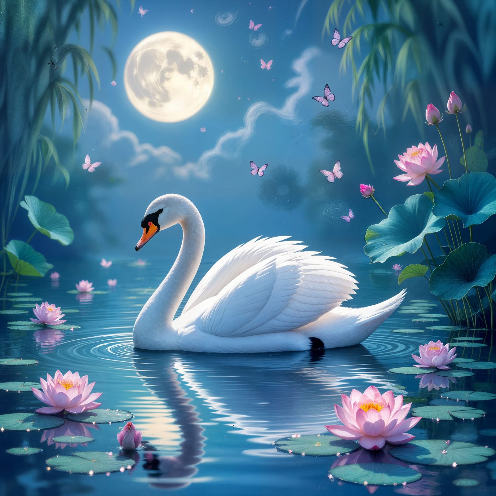 Pink Swan in Dreamy Pond with Butterflies