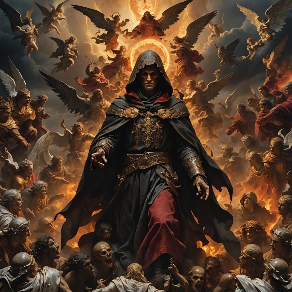 Hooded Figure in Baroque Scene with Angels and Demons