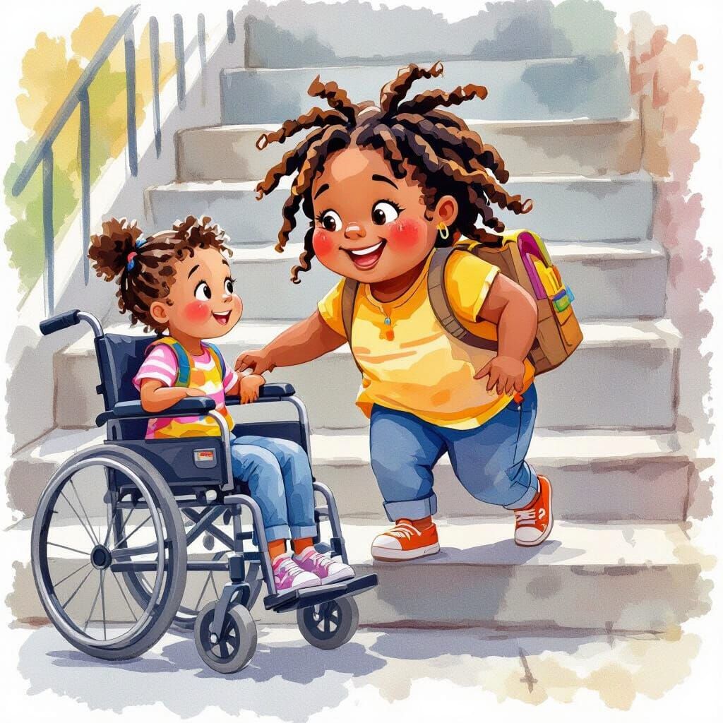 Girl Pushing Friend's Wheelchair in Watercolor Style