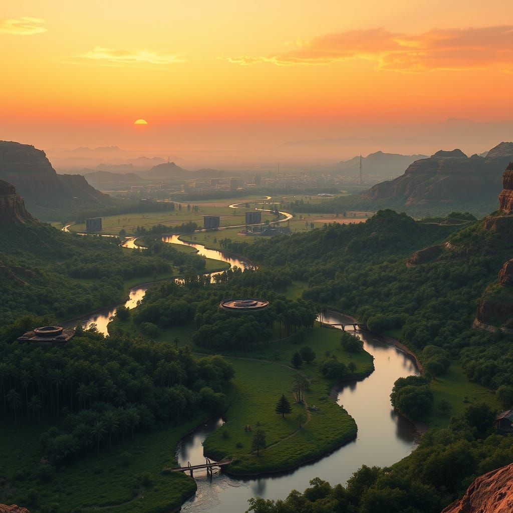 Terraformed Martian Valley with Twin Sunset