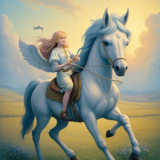 Girl Saddles Pegasus: Whimsical Fantasy Art