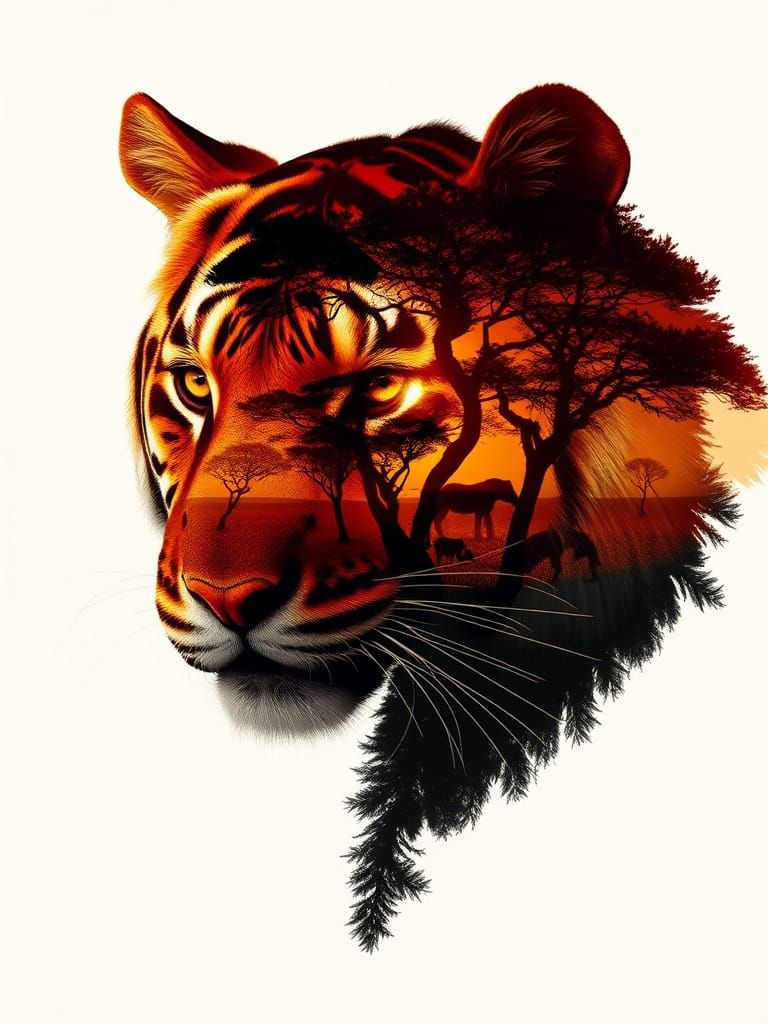 Tiger Silhouette Double Exposure Abstract Art