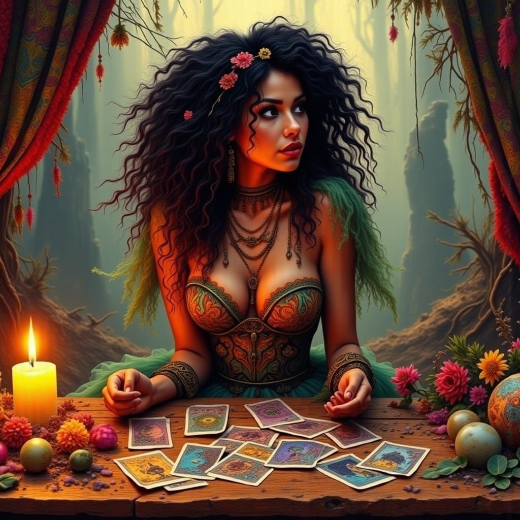 Mystical Gypsy Seer in a Golden, Dreamlike Landscape