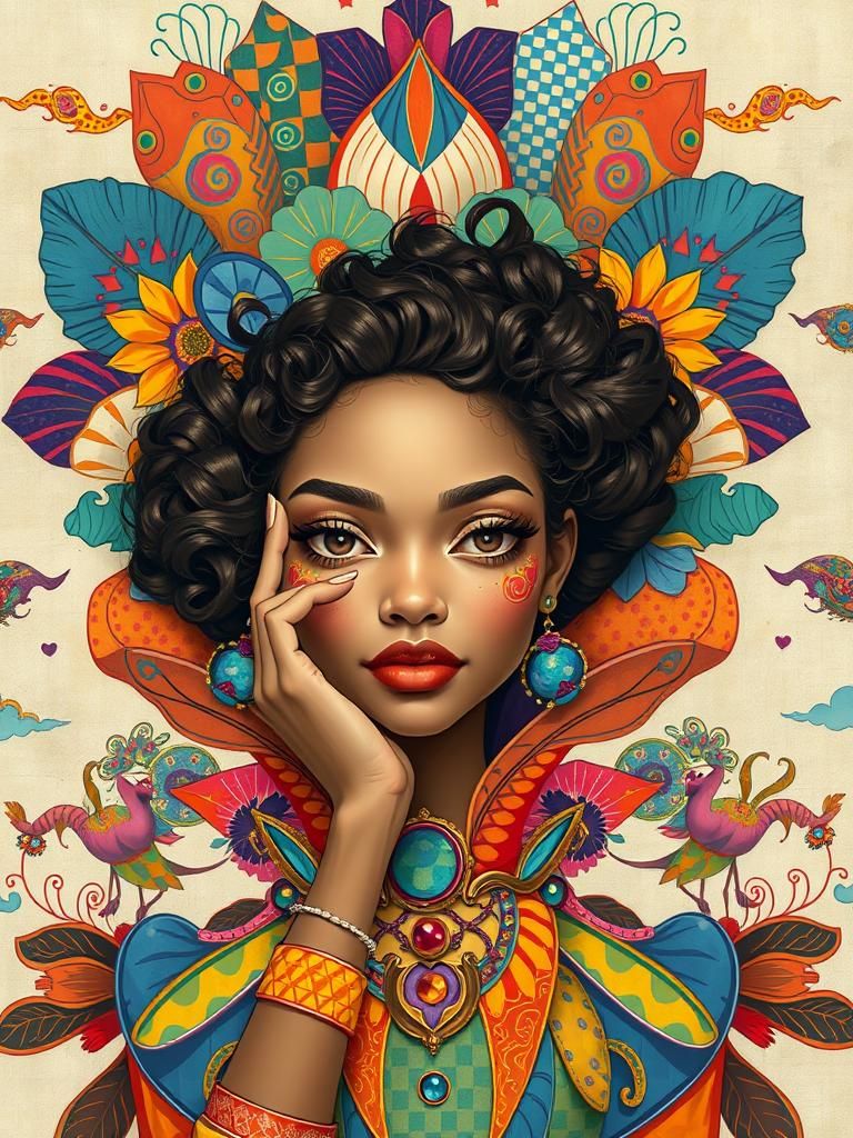 Vibrant Jester Woman in Pop Art Dreamscape