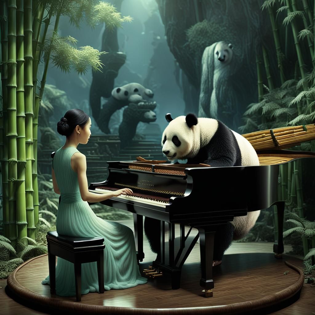 Asian Woman and Panda at Grand Piano