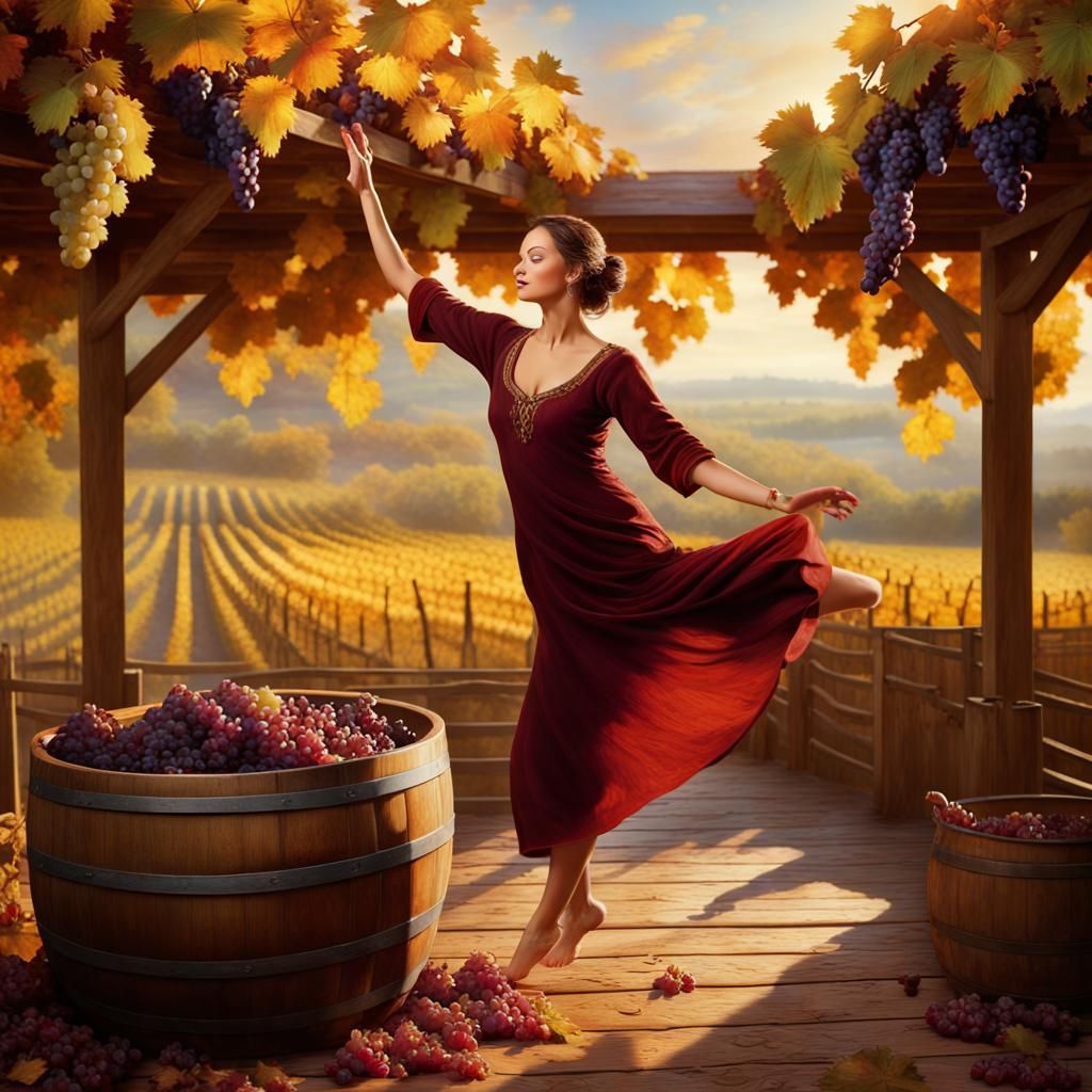 Woman Dancing on Grapes: Autumn Harvest Scene