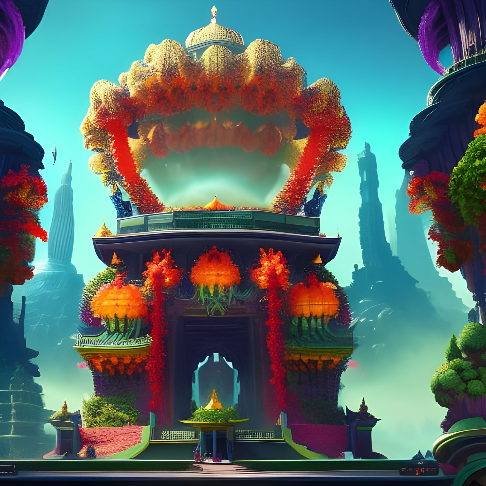 Surreal Giant Flower Engulfs Temple