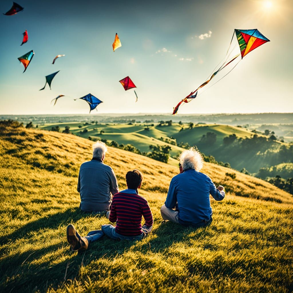 Family Kite Flying on Hilltop in National Geographic Style