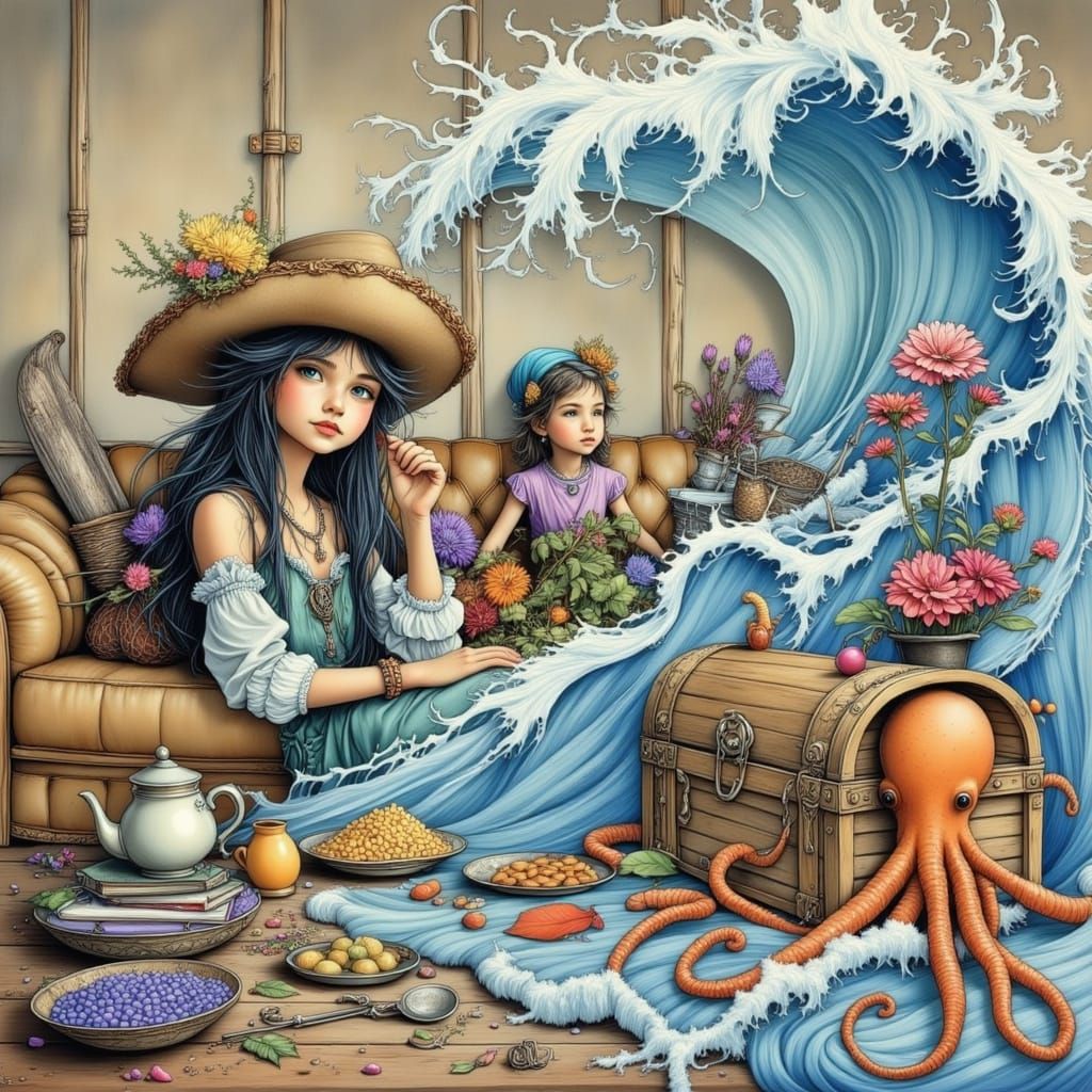Children's Book Illustration: Pirate Wave Floods Living Room