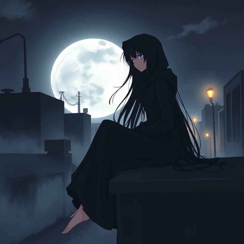 Melancholic Anime Girl in a Desolate Rooftop Setting