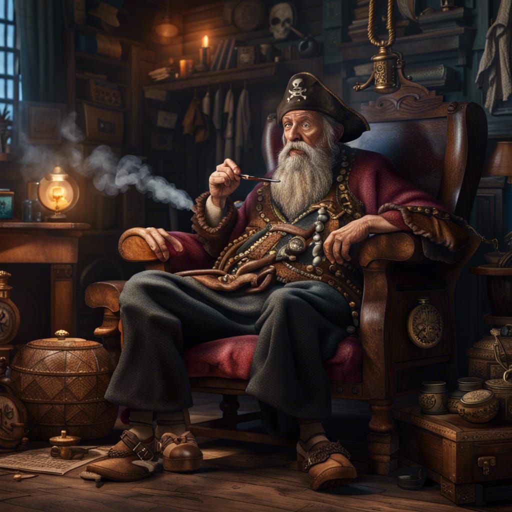 Retired Pirate Relaxing in Treasure Room: 3D Render