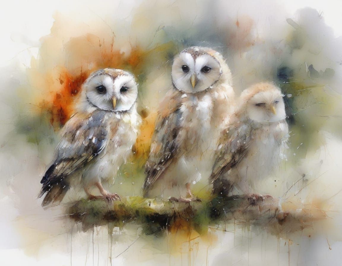 Tiny Owlets on Mossy Branch Over River in Rain