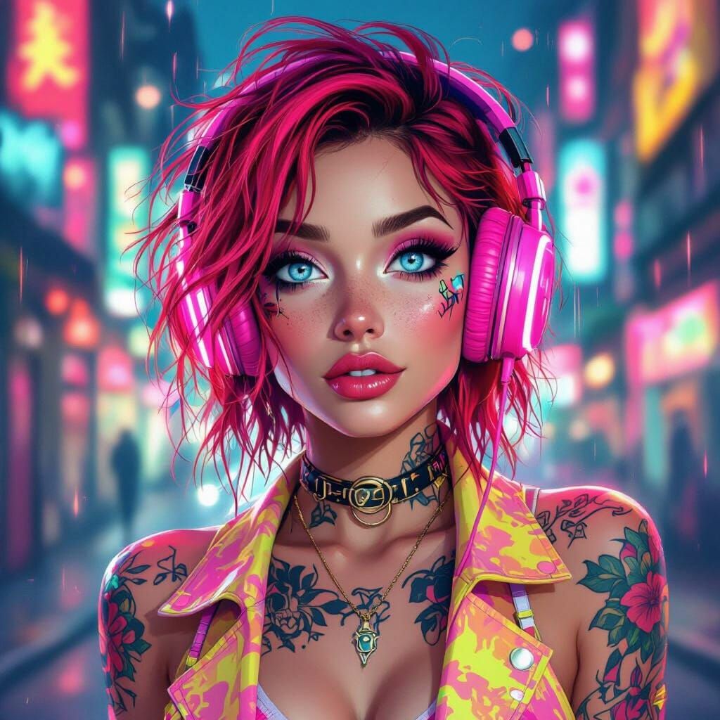 Sassy Neon Lady in Digital Oil Painting Style