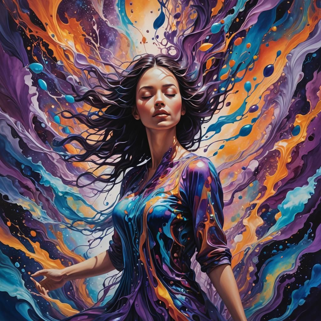 Surreal Woman Dissolving into Liquid Forms