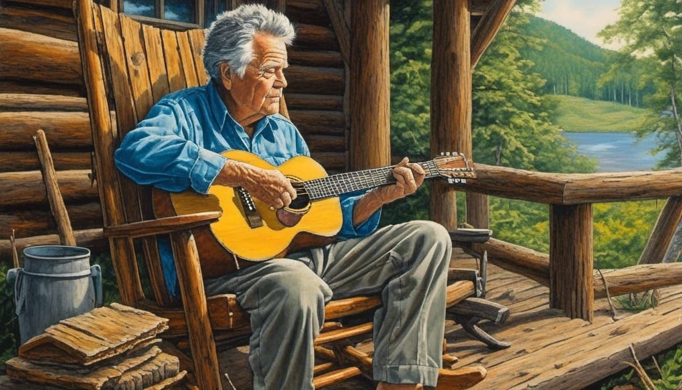Hyperrealistic Old Man Playing Guitar in Wilderness