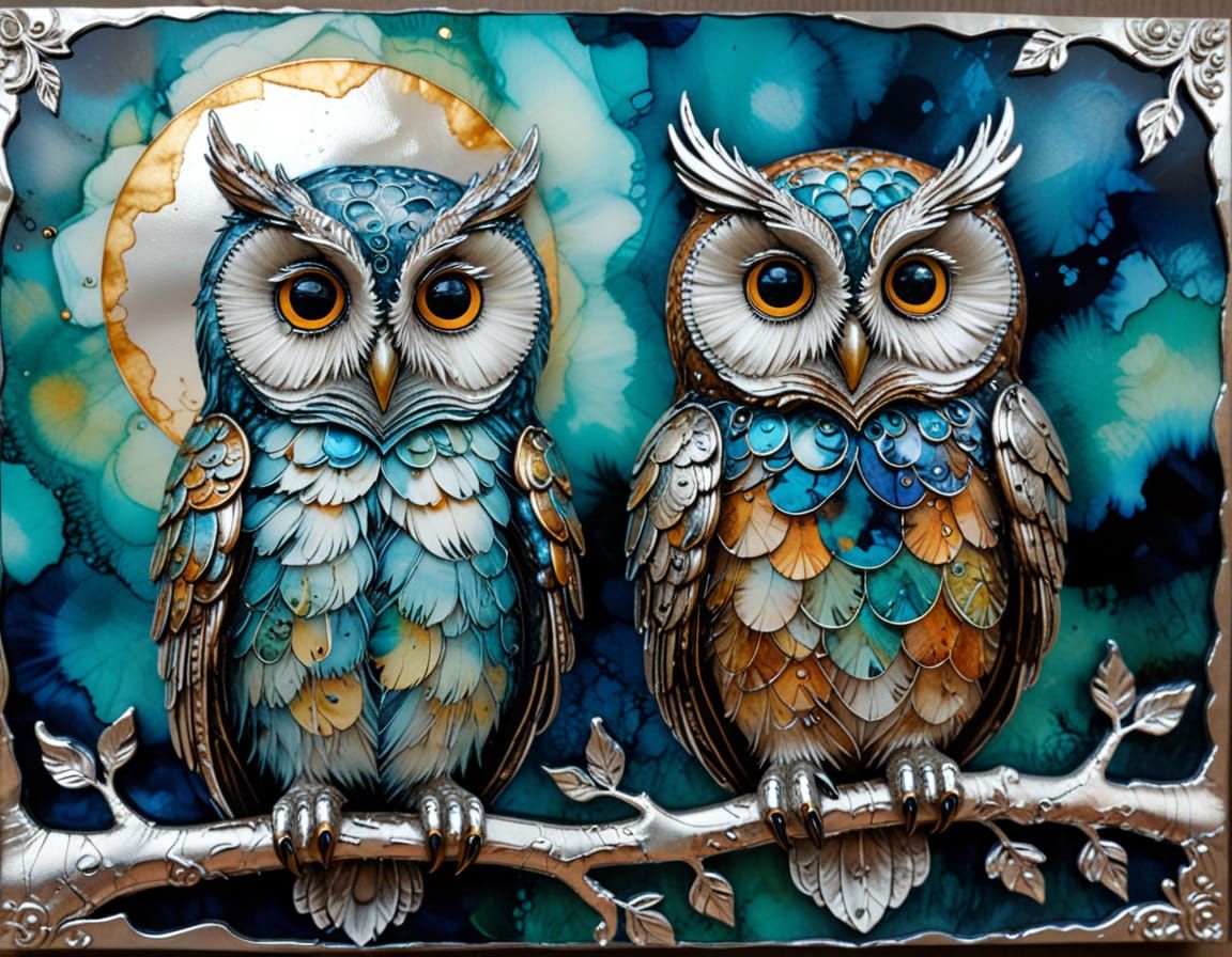 Baroque Owls With Silver Edge In Alcohol Ink