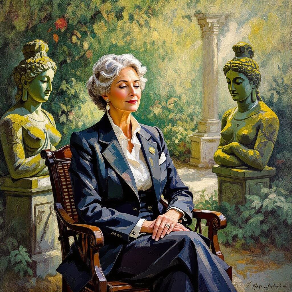 Businesswoman in Art Deco Suit, Impasto Garden Scene