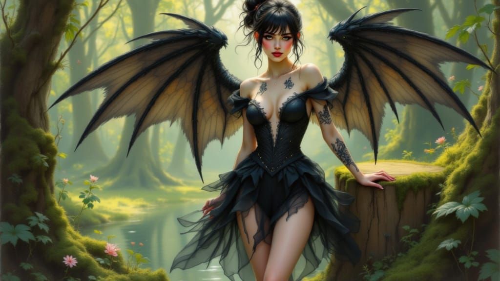Dark Fae Goddess in Whimsical Forest