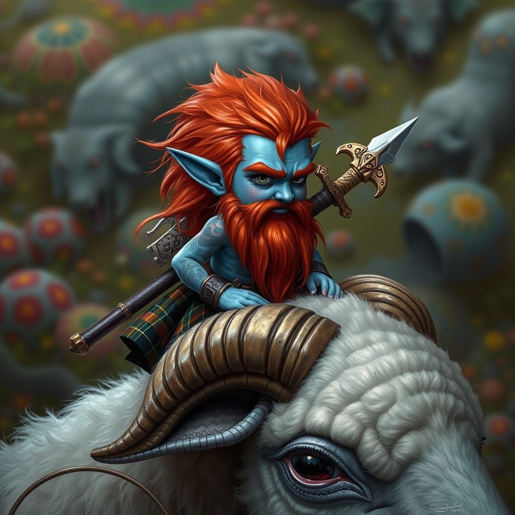 Hyperrealistic Pixie Rides Giant Sheep