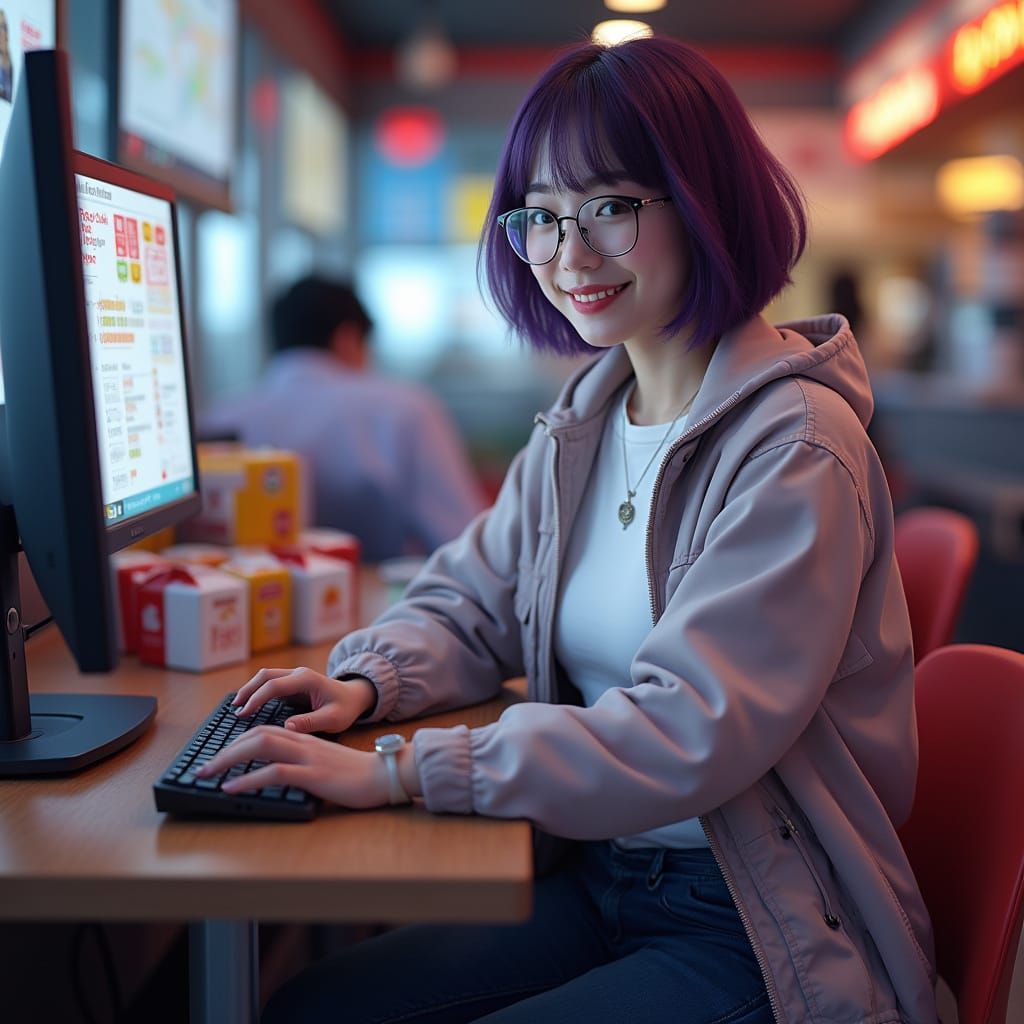 Young Woman with Purple Hair at Computer Terminal