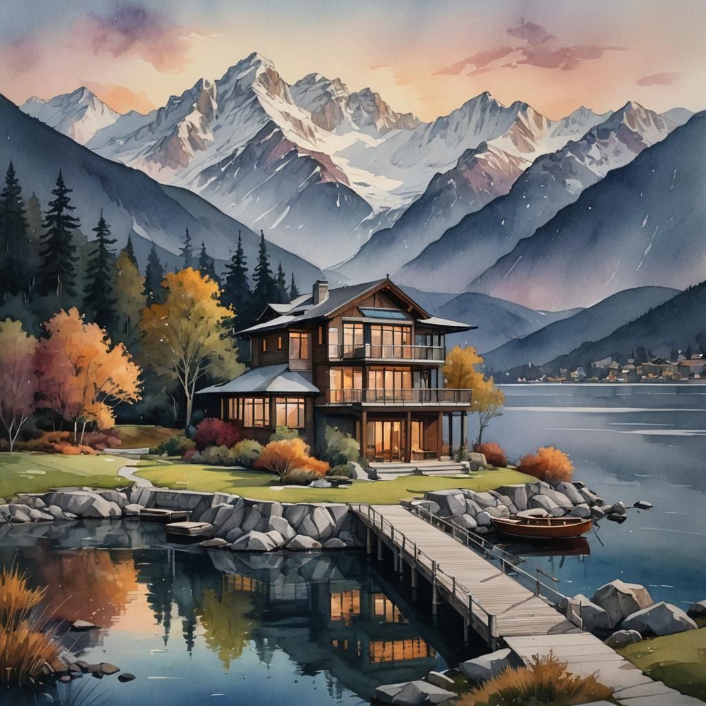 Modern Villa by Lake at Twilight: Watercolor Art