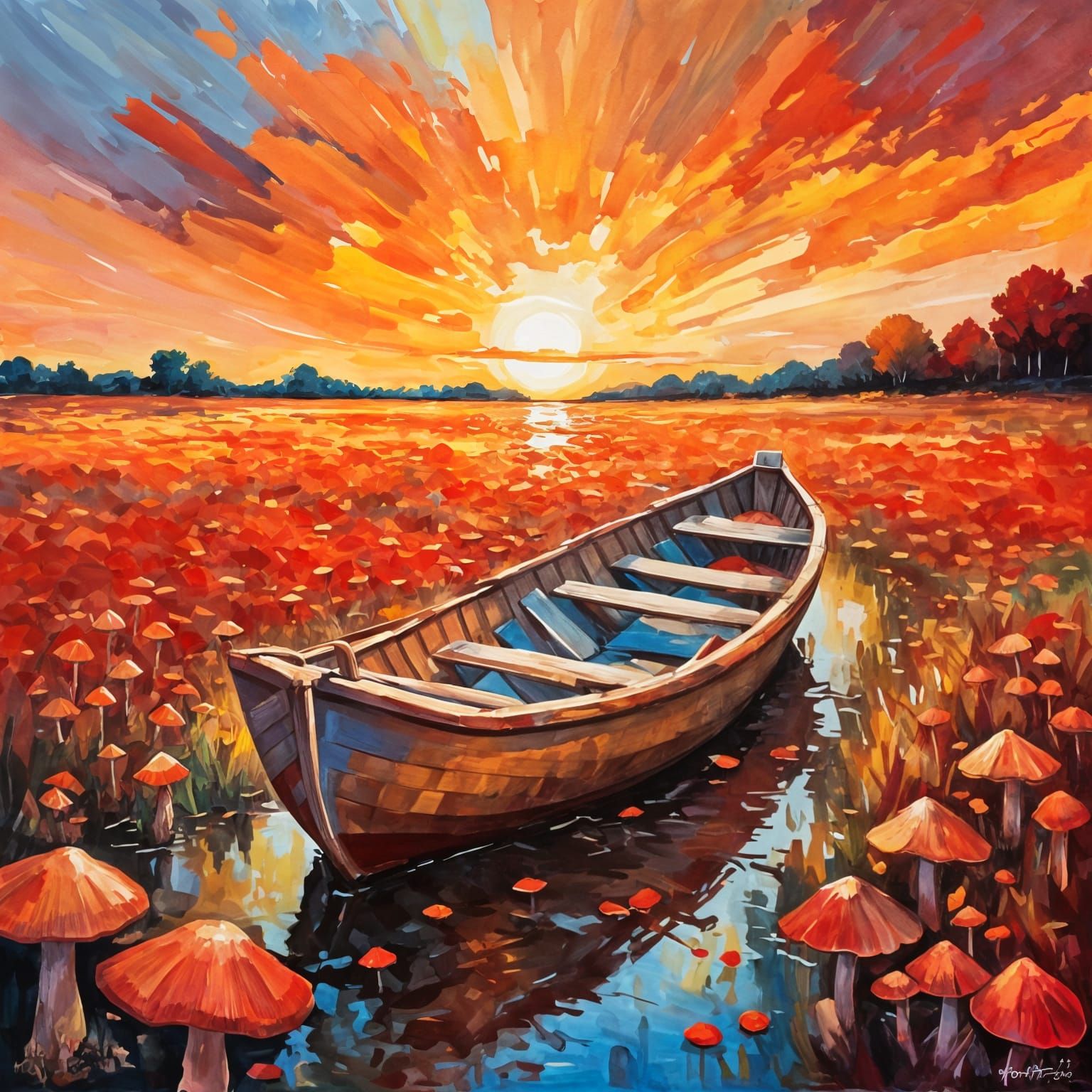 Vibrant Sunset Scene with Old Rowboat in Mushroom Marsh