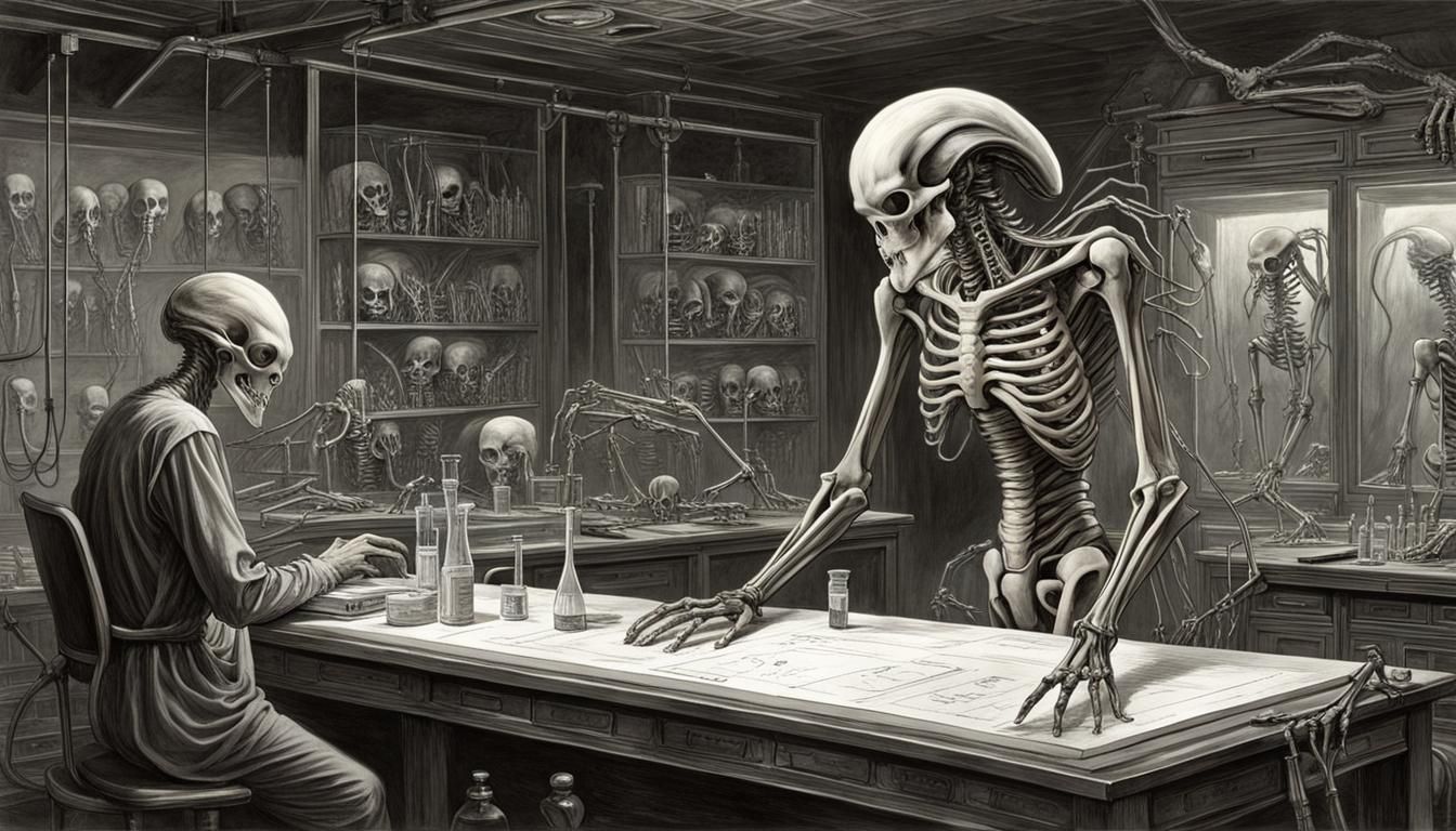 Xenomorph Skeleton in Lab: Giger-Inspired Horror