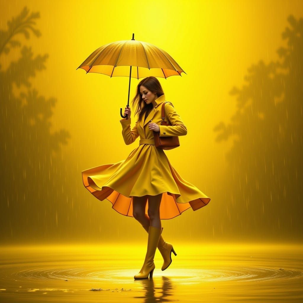 Woman Dancing in Yellow Rain, Digital Art