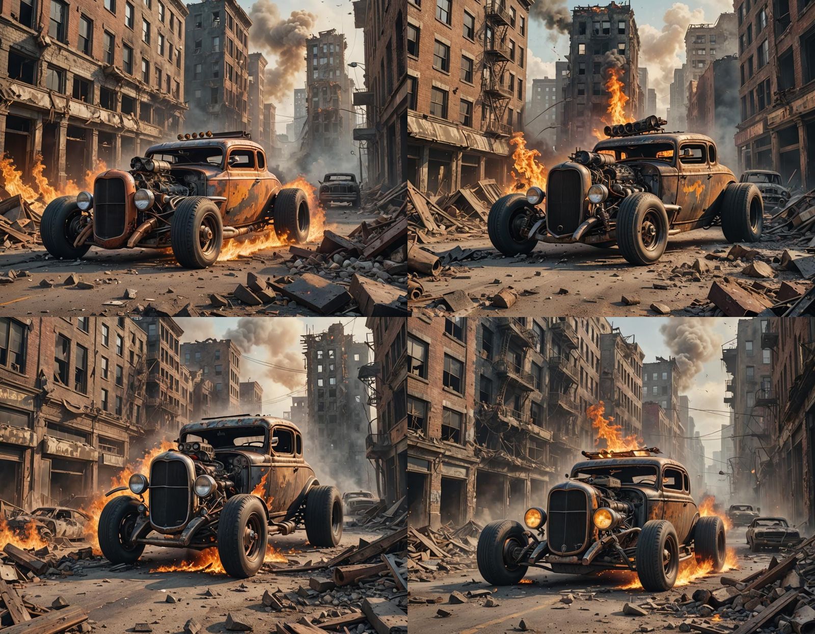 Flaming Hot Rod Races Through Ruined Cityscape