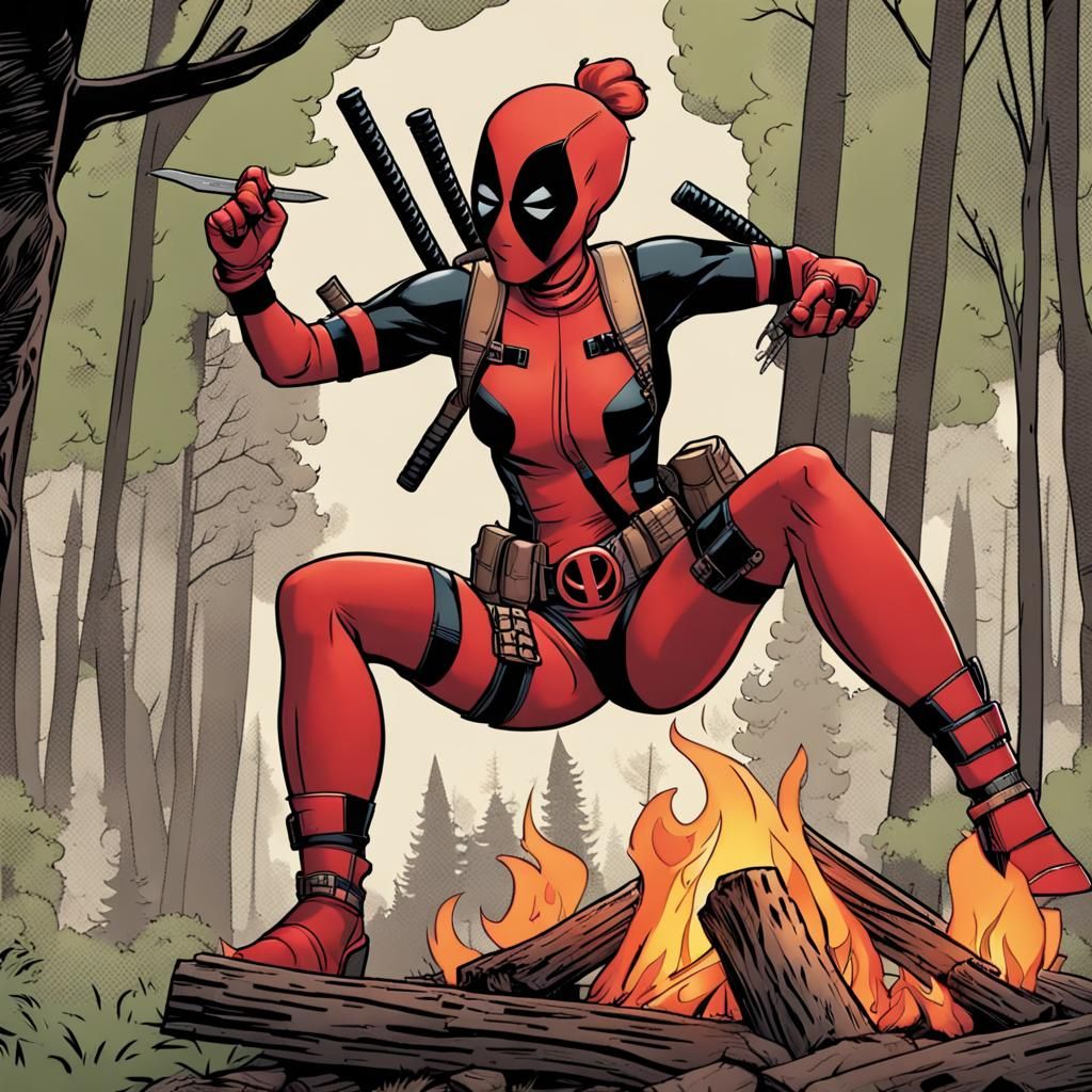 Female Deadpool Jumps Over Campfire in Woods