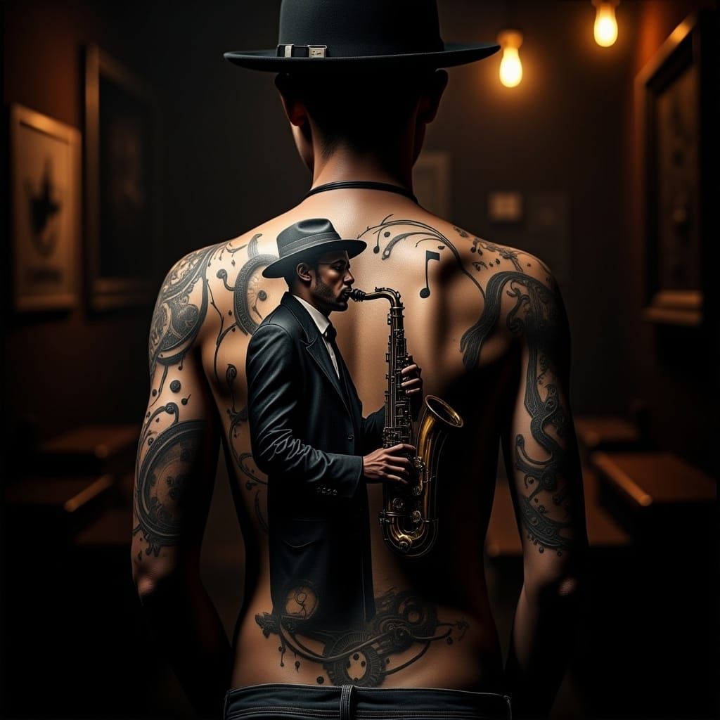 Steampunk Saxophonist Tattoo in Dimly Lit Jazz Club