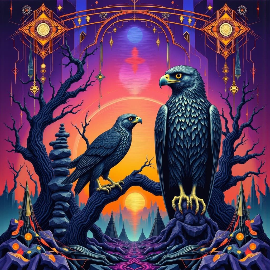 Art Deco Hawk Perched in Surreal Sunset