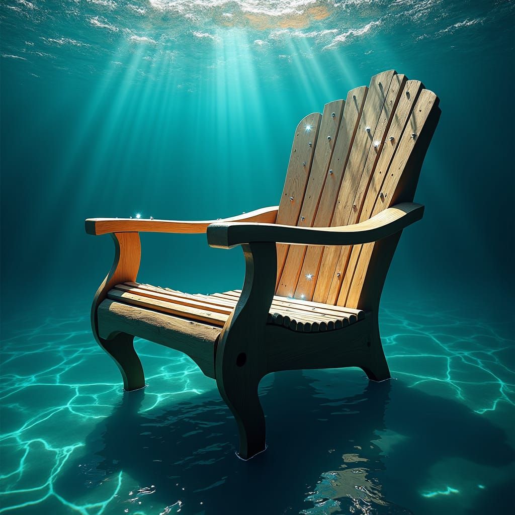 Wooden Chair Adrift in Folded Bioluminescent Ocean