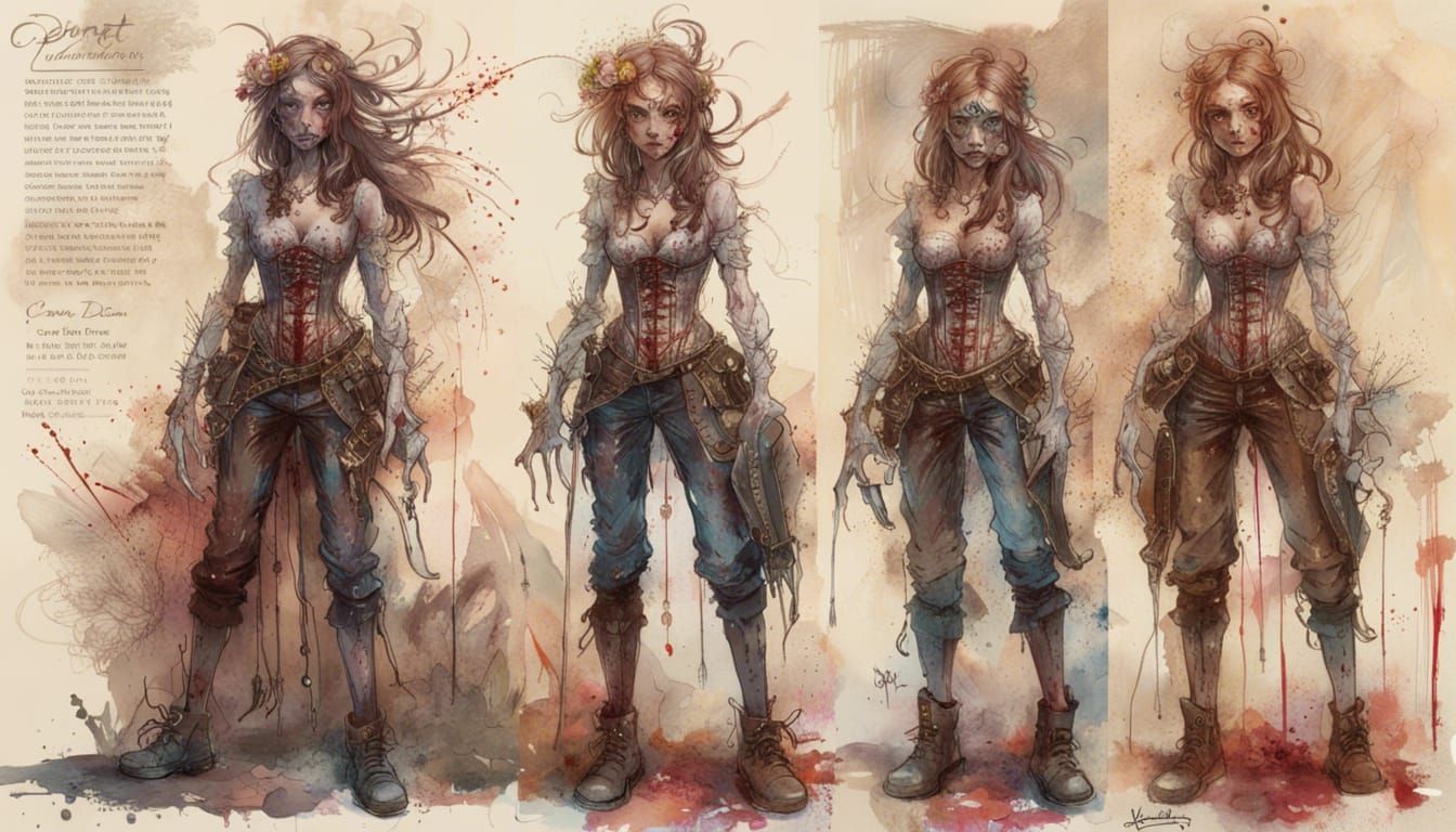 Zombie Pioneer Girl Portrait in Scarlet and Indigo