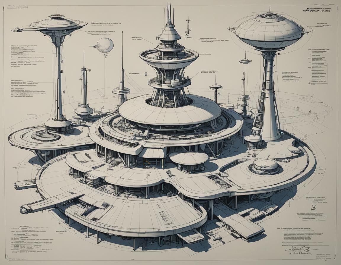 Space age refinery, flying transport landing pads, side view, engineering drawing, specification notes, stark white pape...