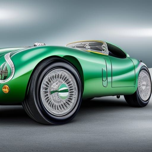 Elaborate Portrait of 1950 Jaguar XK120 automobile with a faberge egg, neon green colors, immaculate, reflecting sunligh...