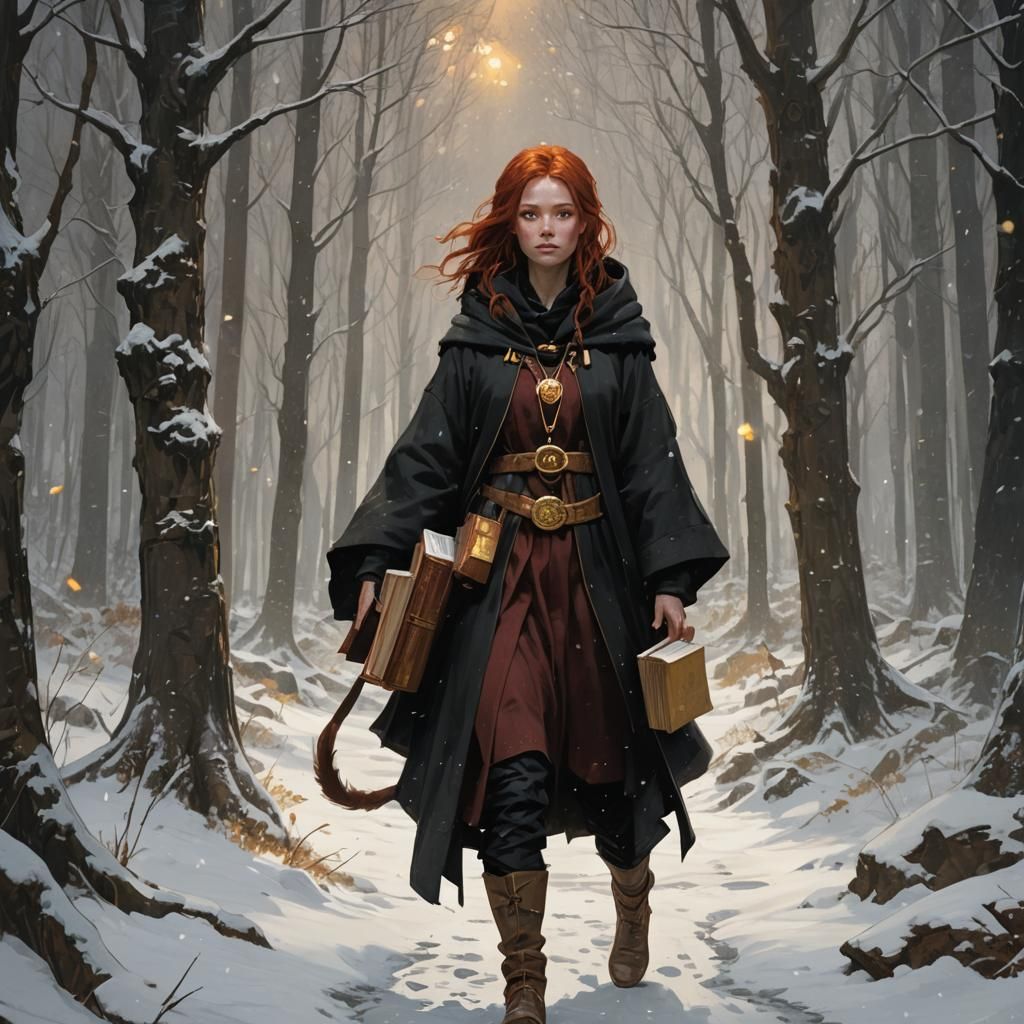 Dark Fantasy Girl with Cat in Snowy Forest