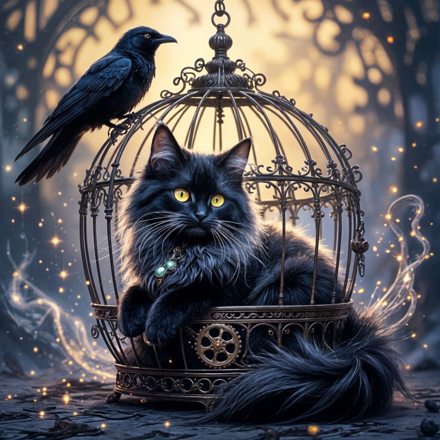 Ethereal Black Cat in Steampunk Birdcage with Celestial Eyes