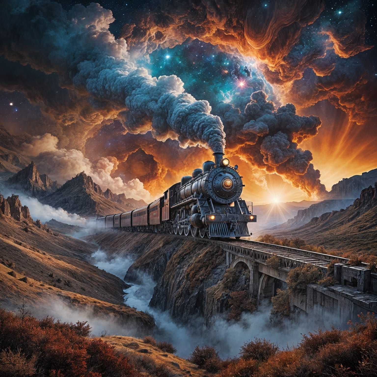 Majestic Steam Engine Train Emerging from Cosmic Whimsy
