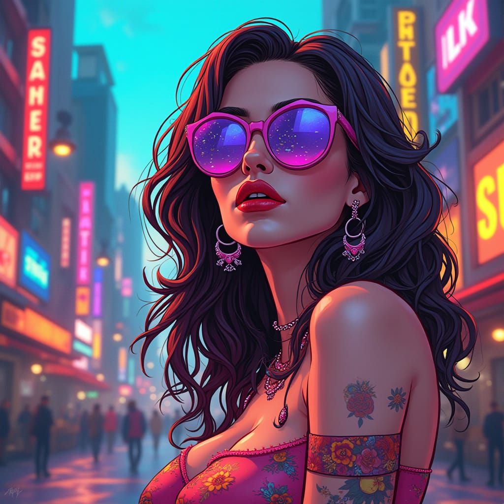 Hyperrealistic Comic Book Woman in Vibrant Cityscape