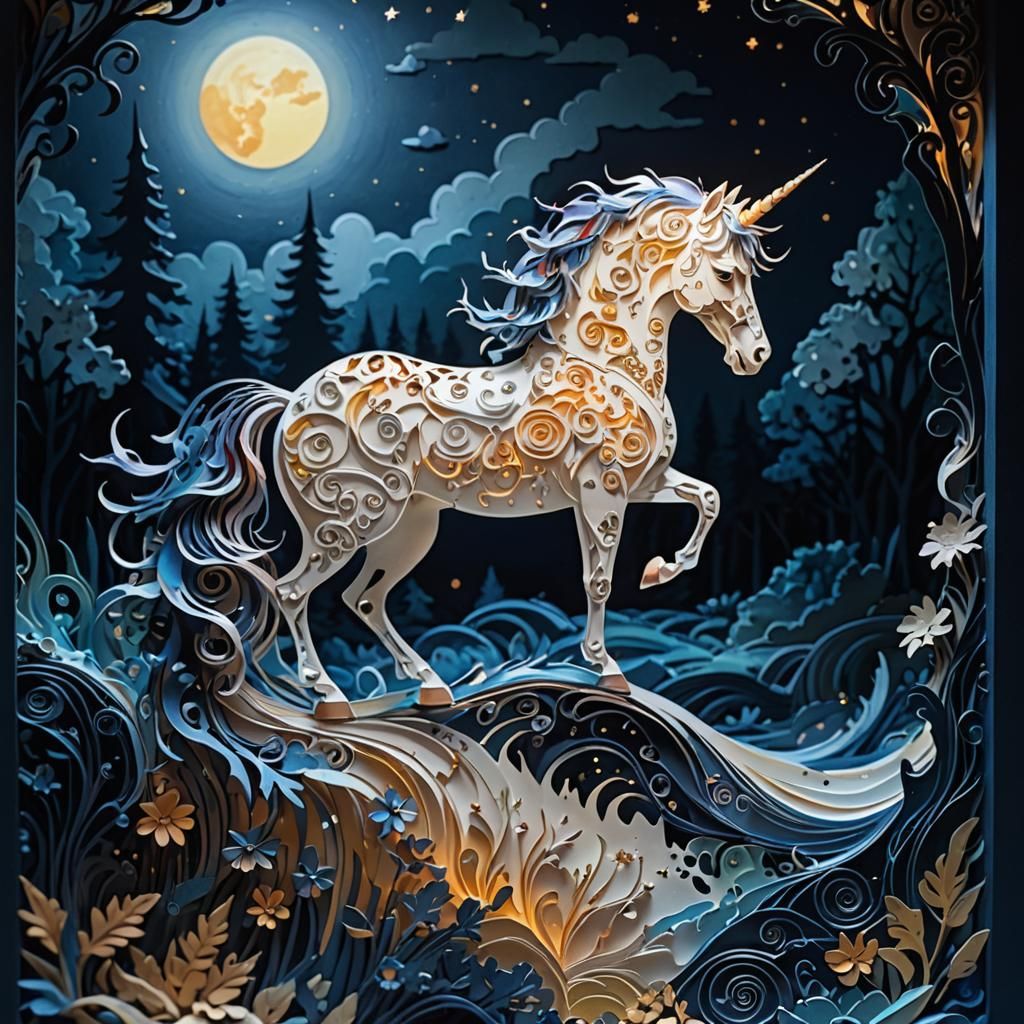 Ornate Oil Paint Unicorn in Shadowbox Collage