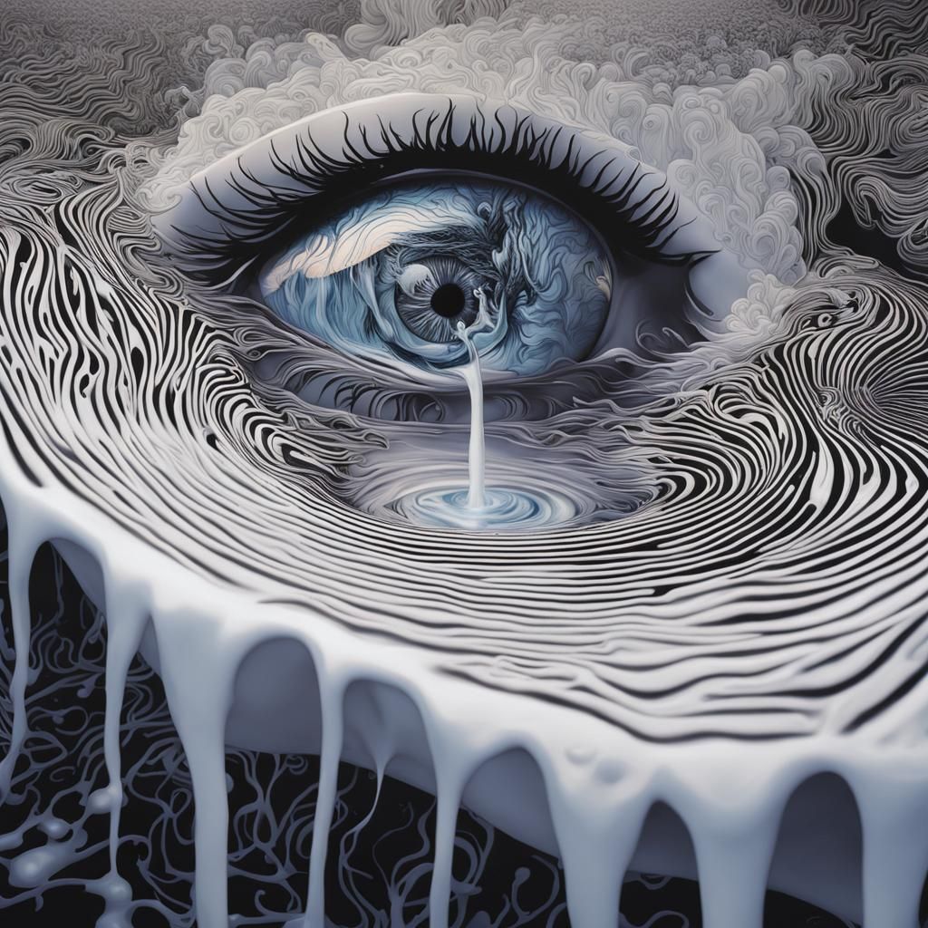large crying eye creating a waterfall of milk, virus, detail...