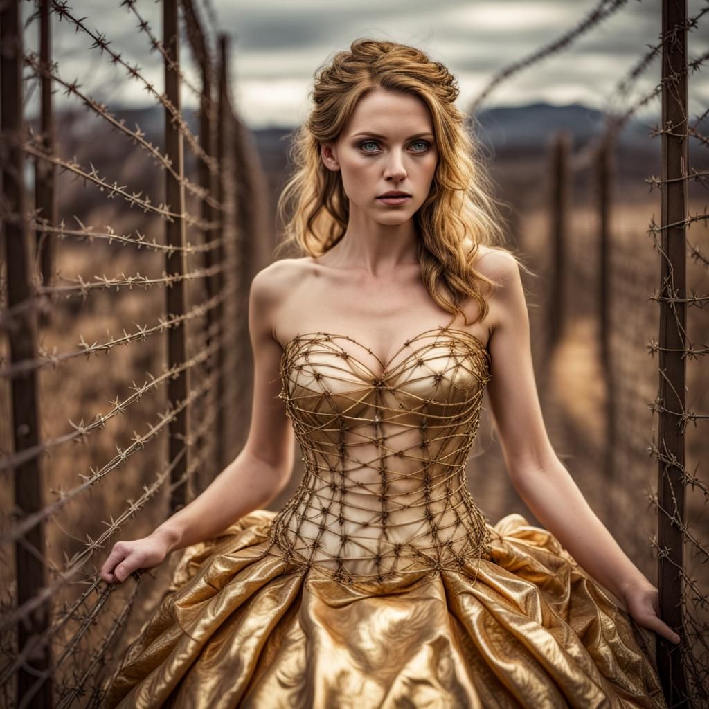 Bride in Gold Barbed Wire Dress: Hyperrealistic Fantasy