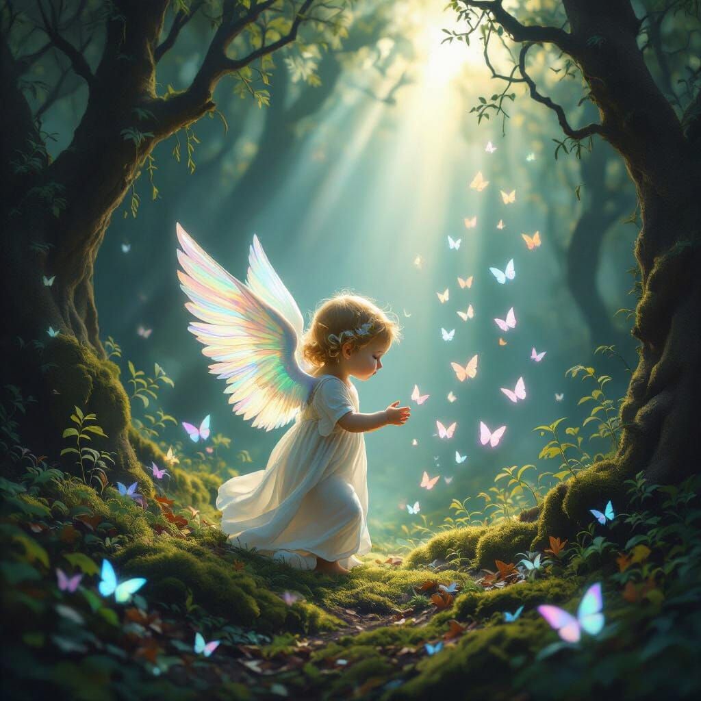Baby Angel Emerges from Heavenly Light in Ancient Forest