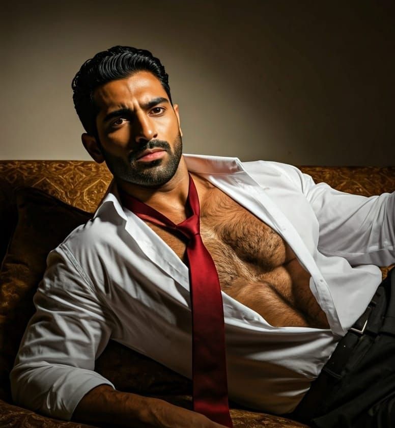 Muscular Man's Intense Pose on Sofa